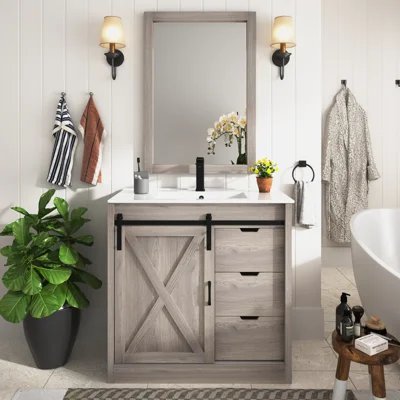 Bathroom vanity with sink and mirror among things that are 56 inches long