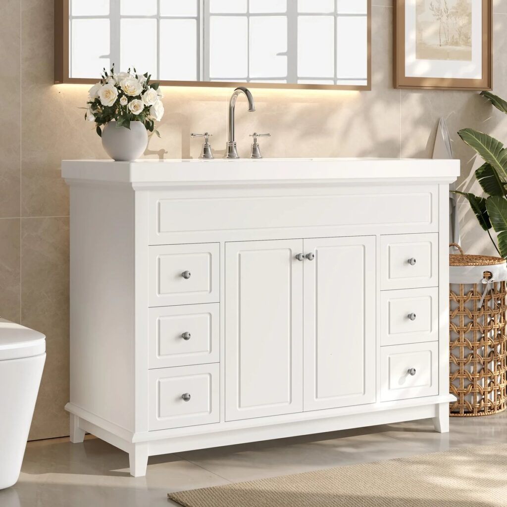 White bathroom vanity unit with sink and drawers among things that are 44 inches long