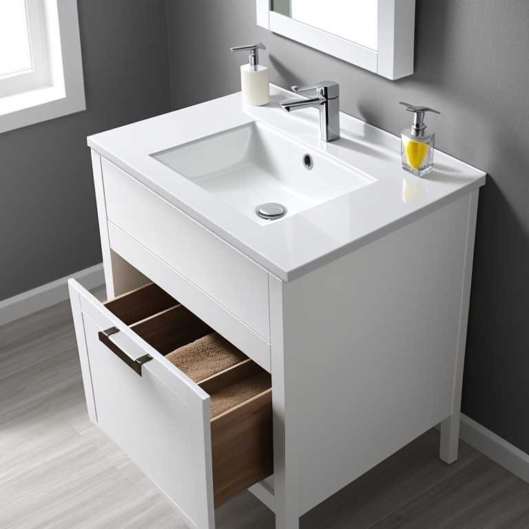 White bathroom vanity unit with sink and drawer among things that are 45 inches long