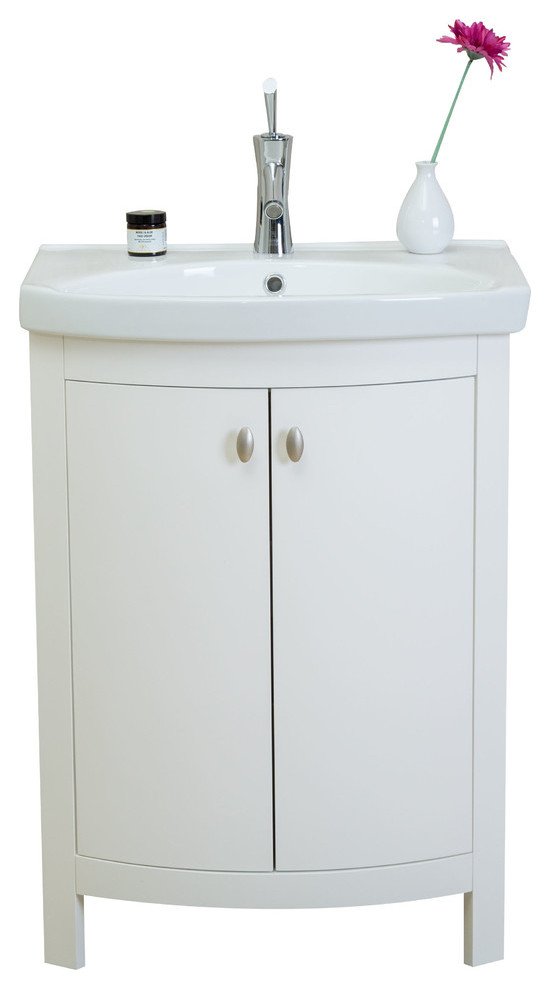 White bathroom vanity unit with sink and cupboard doors among things that are 46 inches long