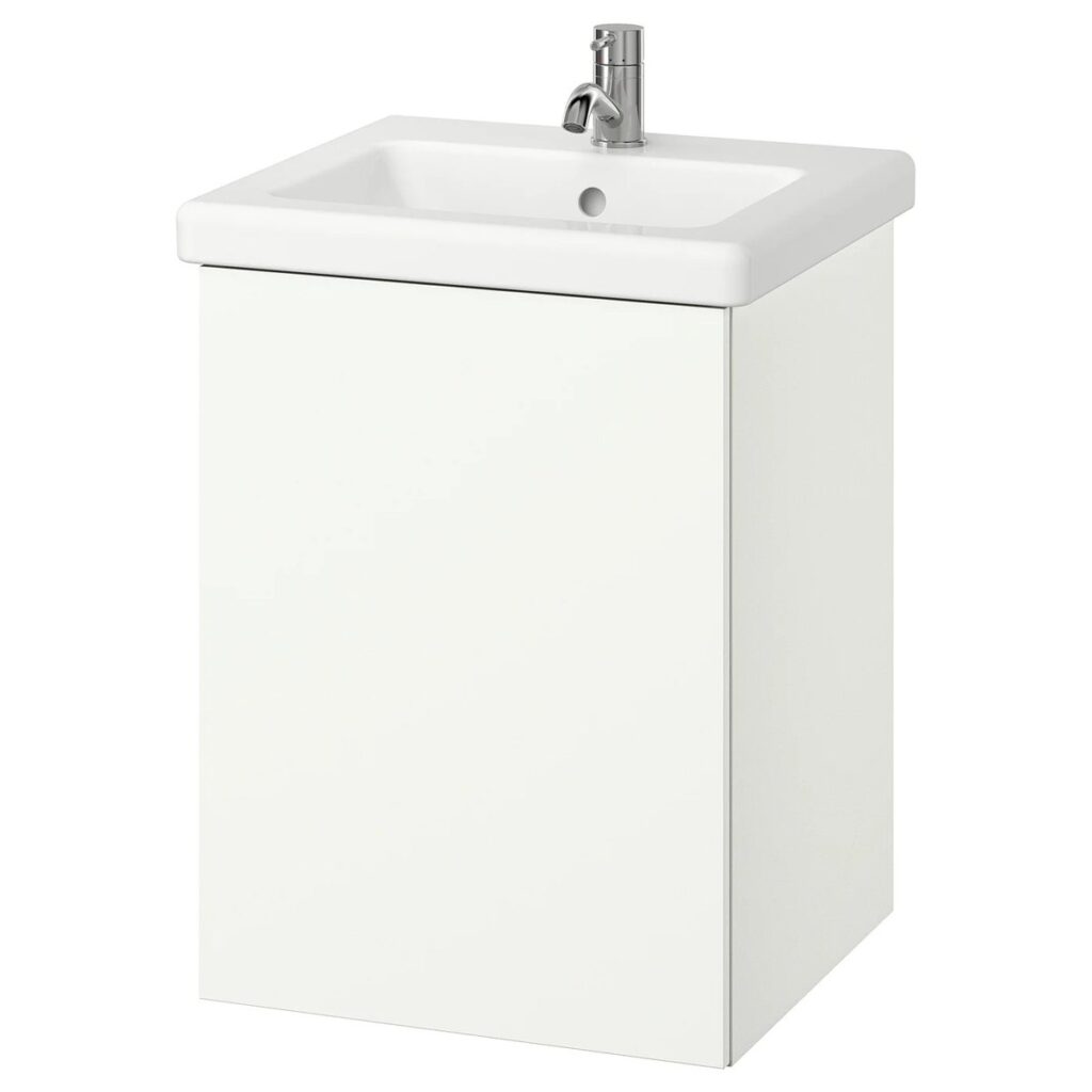 White bathroom vanity unit with sink among things that are 48 inches long