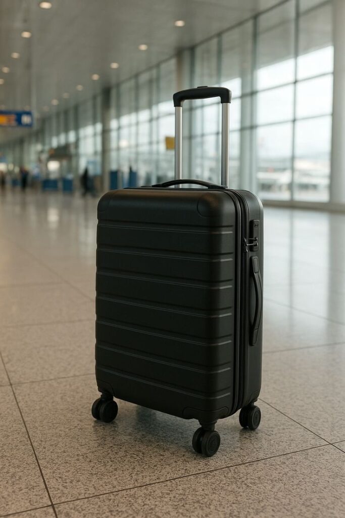Checked suitcase standing upright among things that are 50 inches long