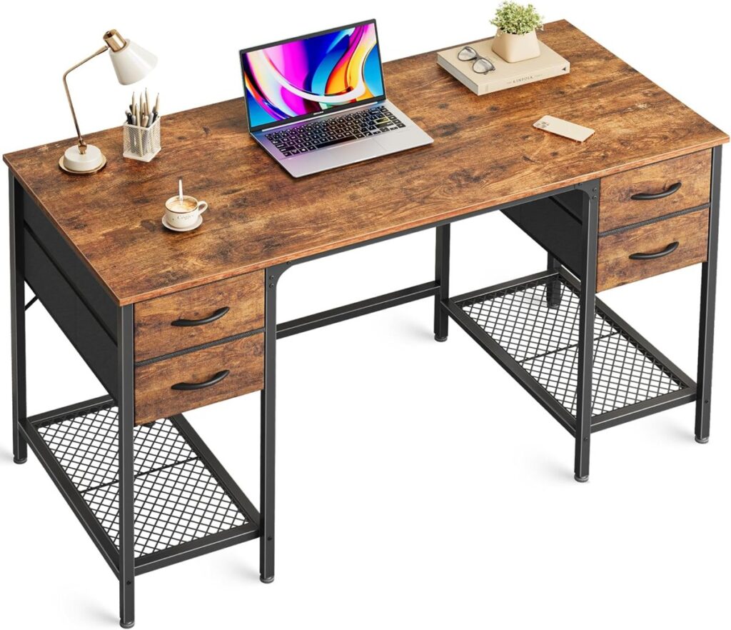A computer desk illustrating things that are 61 inches long