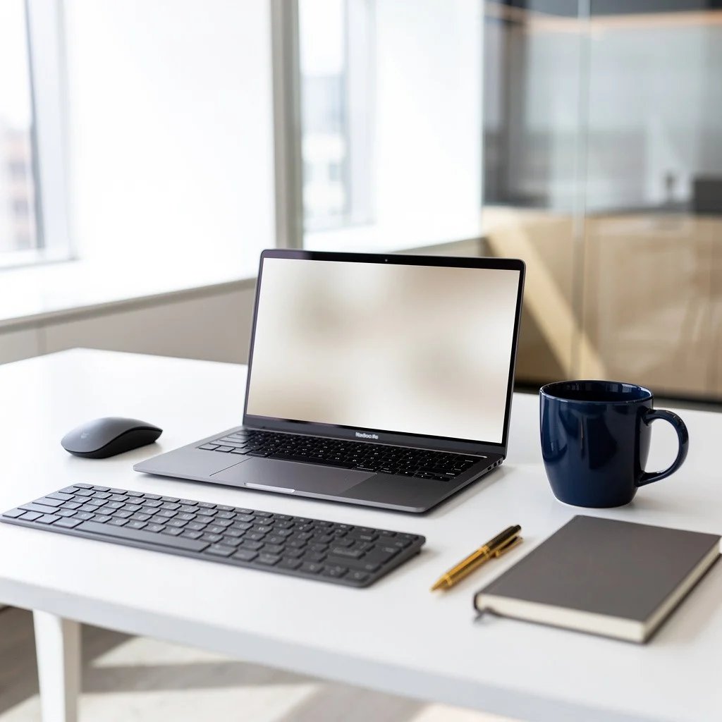 laptop with a 14 inch screen on a desk, a common thing that is 14 inches long