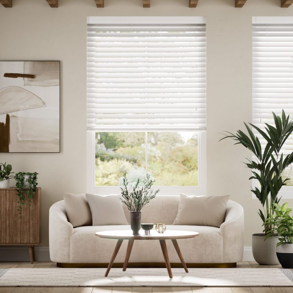 White window blind in a living room as an example of things that are 49 inches long